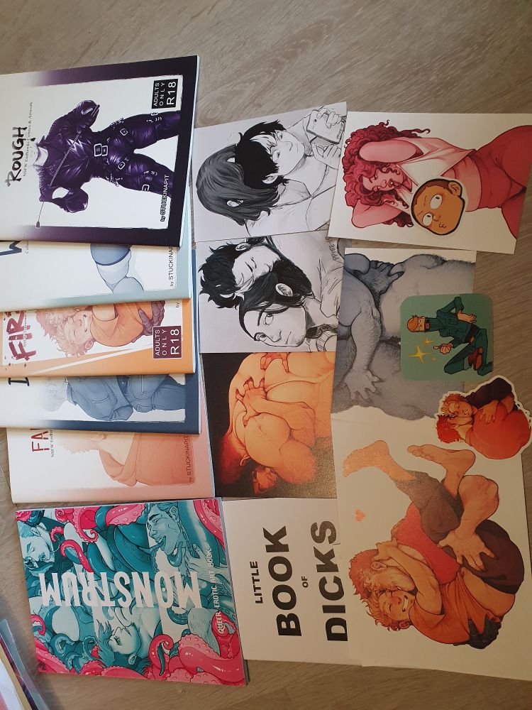 A lot of zine/ short artbooks, postcards and Sticker by the Artist @StuckInAPit
All in Manga style.