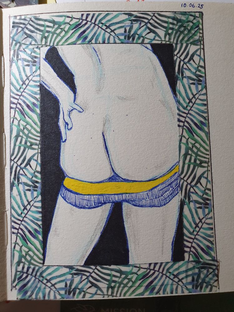 Eine Zeichnung einer Rückansicht eines Menschen. Man sieht den unteren Rücken und den Hintern. Die Unterhose wurde unter den Po gezogen.