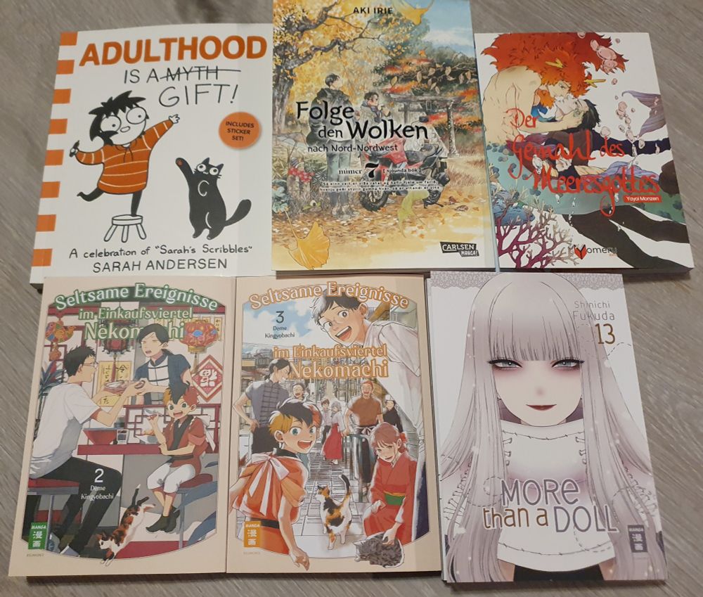 Ein Bild von fünf Manga und einen Sketch Comic.
- Adulthood is a gift
- Folge den Wolken nach Nord Nord West Vol. 7
- Der Gemahl des Meeresgottes
- Seltsame Ereignisse im Einkaufsviertel Nekomachi Vol. 2 und 3
- More than a doll Vol. 13