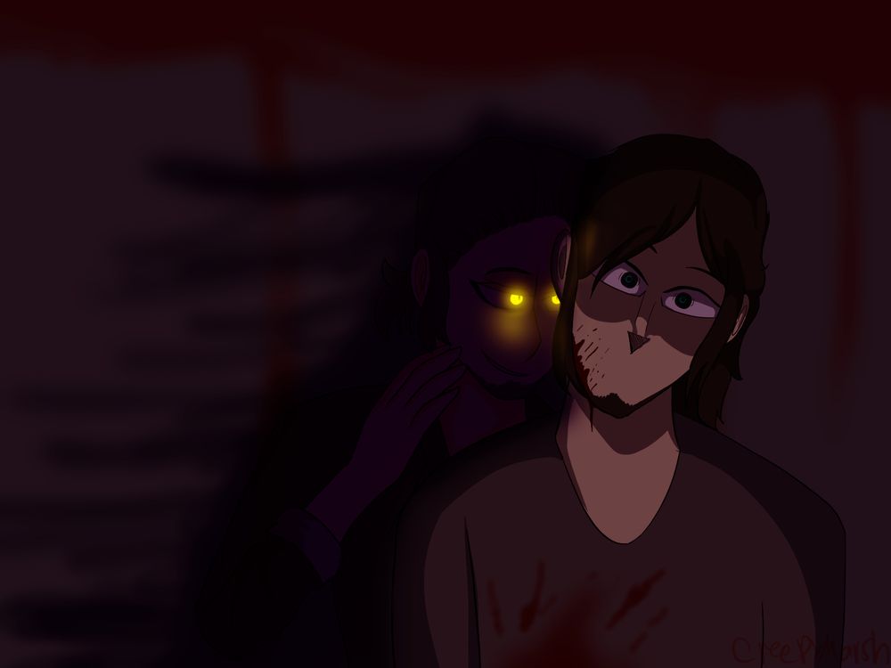 It's an image based off a roleplay with a friend of Valjean influencing Zenkichi into drawing more into fight, causing more blood. 

Valjean is behind Zenkichi with a shadowy mist behind Zenkichi with his yellow eyes glowing slightly leaning towards Zenkichi.
Zenkichi looking at the camera with no mouth as blood is on his face and shirt.