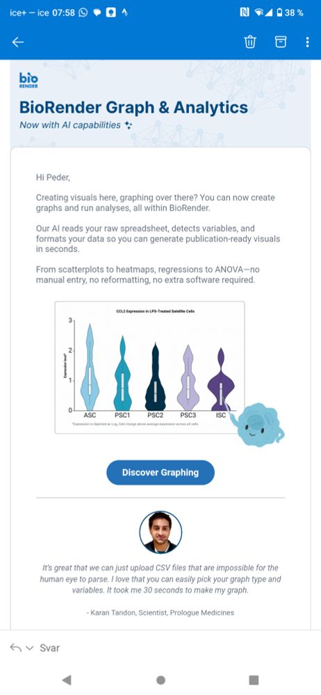 Screen Capture of email from Biorender advertising for their new feature allowing users to upload spreadsheets to have the software automatically produce data.visualizations 