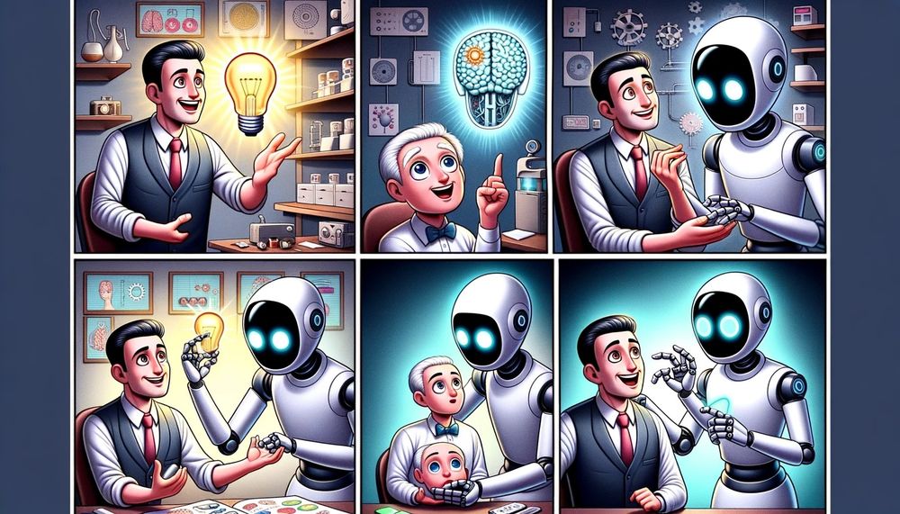 A cartoon of 6 images. Panel 1: An inventor has an idea. In panel 2, a diminutive, white-haired kid in a bow-tie as an idea about creating an artificial brain.  In panel 3, the inventor from panel 1 has created a thankful AI robot. In panel 4, the AI robot has an idea to reward the inventor. In panel 5 t robot presents an improved human head to a disconcerted and confused looking white-haired kid. In panel 6, the original inventor and robot appear to be congratulating each other. I have no idea what this AI art means. I asked the AI for a meme.