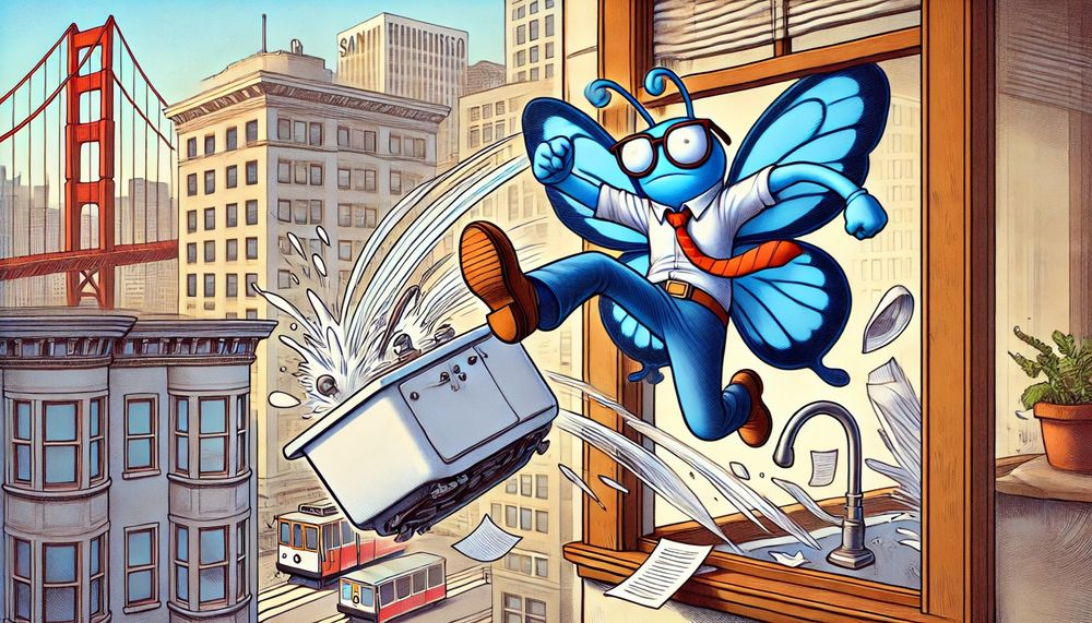 A blue butterfly kicking a sink out of a San Francisco office. Cartoon. AI generated.