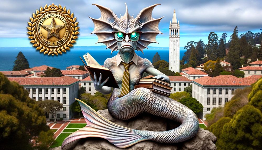 A university campus backdrop with the iconic Berkeley Campanile tower. In the foreground, a mermaid with sharp, glinting eyes sits on a rock, holding a stack of academic papers.