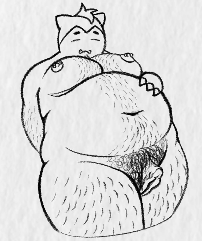 Another drawing of Theo, uncolored this time, his right hand is behind his back and his left is resting on his stomach. His tdick is on display and he’s looking down at it with a neutral, slightly confused expression