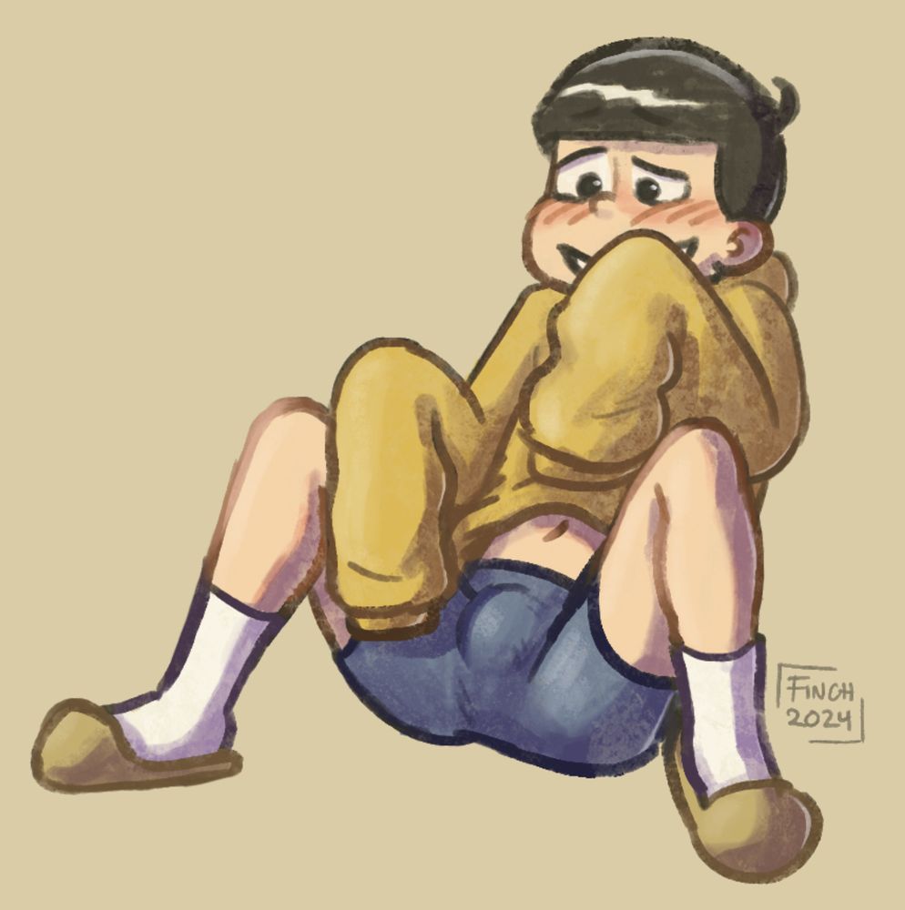 illustration of jyushimatsu sitting/laying back and blushing with a crazy hard on in his pants