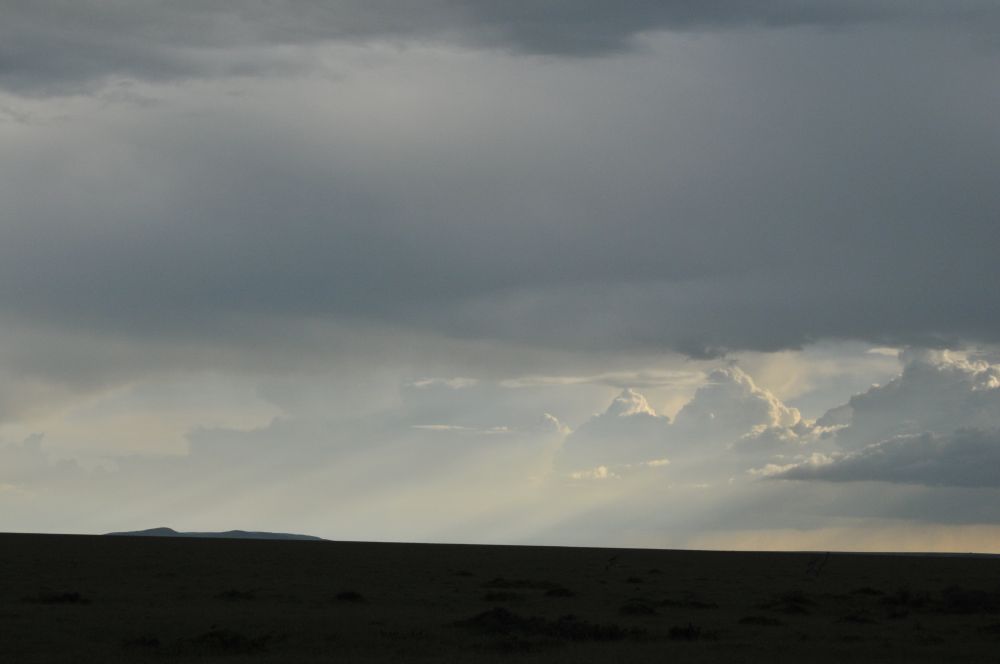 The photo shows a flat, dark landscape with storm clouds overhead. There are sunbeams shining down through gaps in the clouds from the top right of the image.