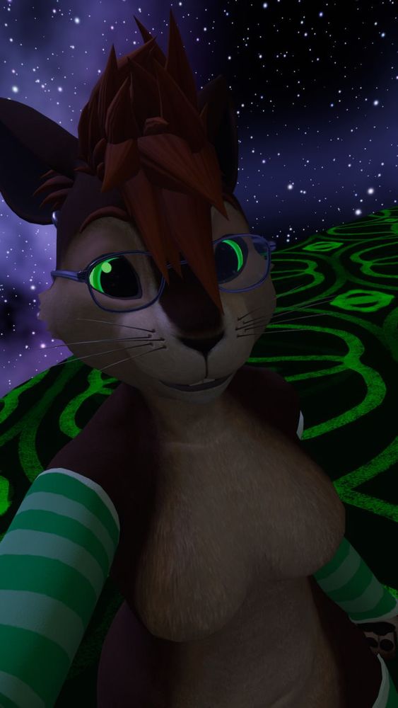 A brown bunny with green eyes, silver eyeglasses, and green striped arm warmers is taking a selfie in VRChat