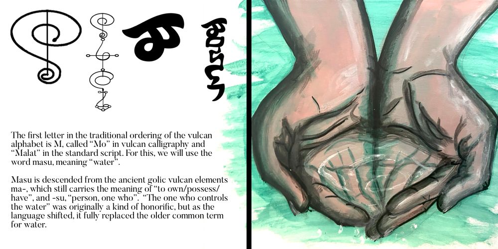 A full spread mockup of a book page. It shows letters in the Vulcan alphabets on the top left, and the text underneath reads “The first letter in the traditional ordering of the vulcan alphabet is M, called “Mo” in vulcan calligraphy and “Malat” in the standard script. For this, we will use the word masu, meaning “water”.

Masu is descended from the ancient golic vulcan elements ma-, which still carries the meaning of “to own/possess/have”, and -su, “person, one who”.  “The one who controls the water” was originally a kind of honorific, but as the language shifted, it fully replaced the older common term for water.”

The right page is a painting showing a pair of hands cupped to hold water. 
