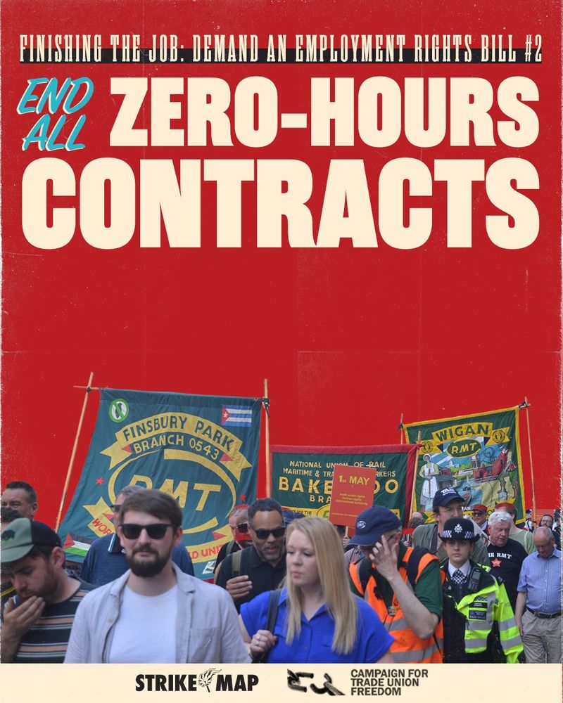 Poster titled 'End All Zero-Hours Contracts' promoting an employment rights rally with multiple people, some holding banners indicating support from various unions. The background is bright red with overlay text advocating for the demand of an employment rights bill.
