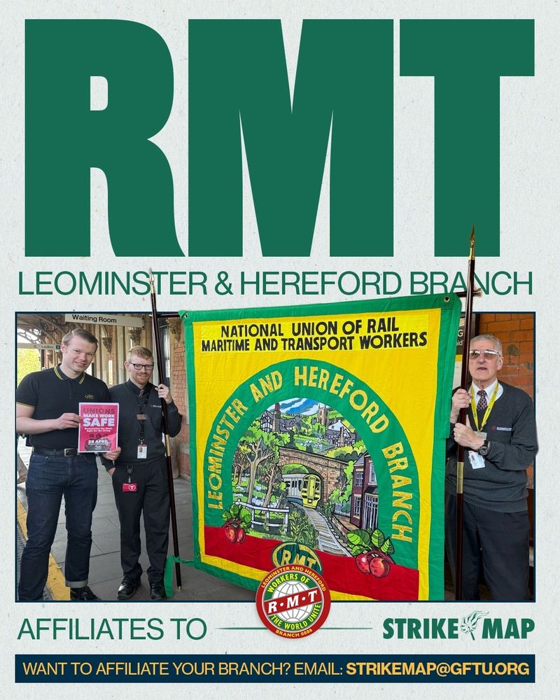 Poster featuring three individuals from the RMT Leominster & Hereford Branch holding promotional materials, with logo and contact information for the National Union of Rail, Maritime and Transport Workers.