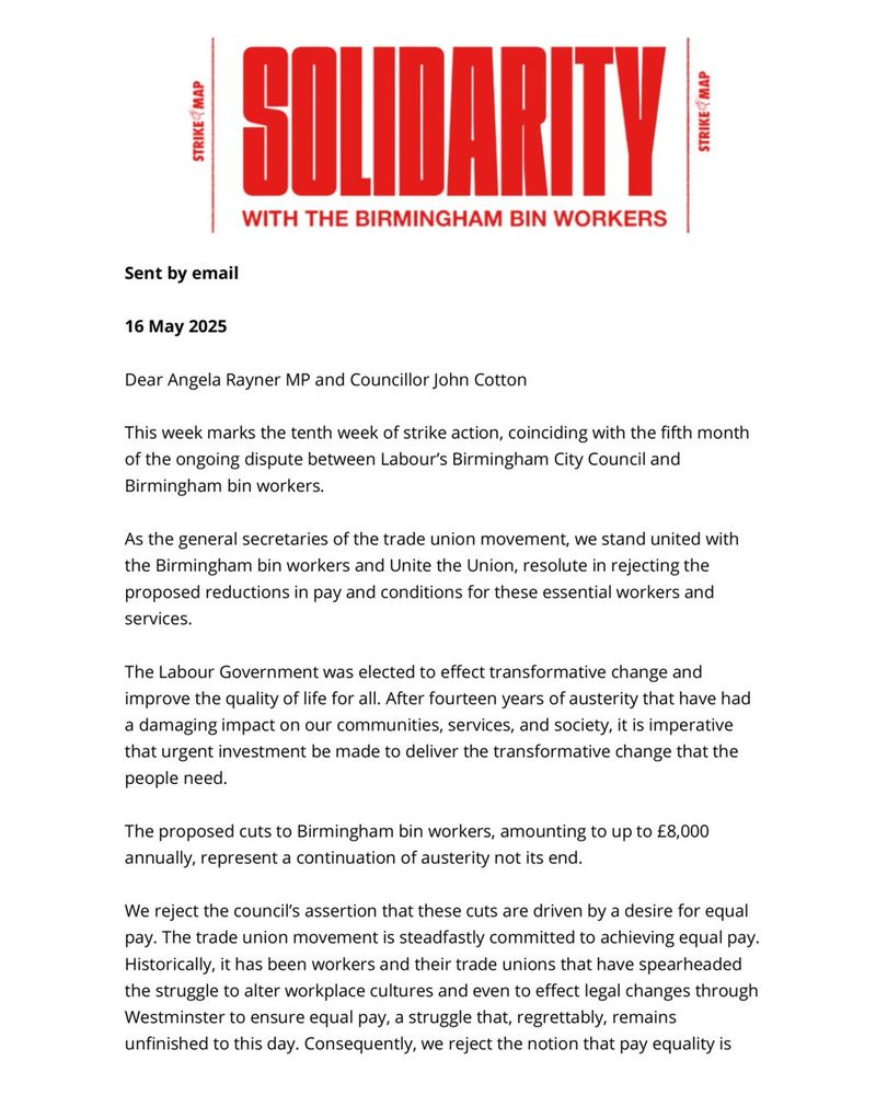 The full text of this letter can be read by clicking the link in the post: https://bit.ly/BrumBinStrikeLetter