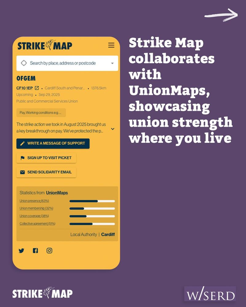 Promotional graphic for Strike Map, a collaboration with W/SERD showcasing union strikes. Features search functions, support message options, and local authority contact info. Logo of Strike Map and W/SERD displayed at bottom.