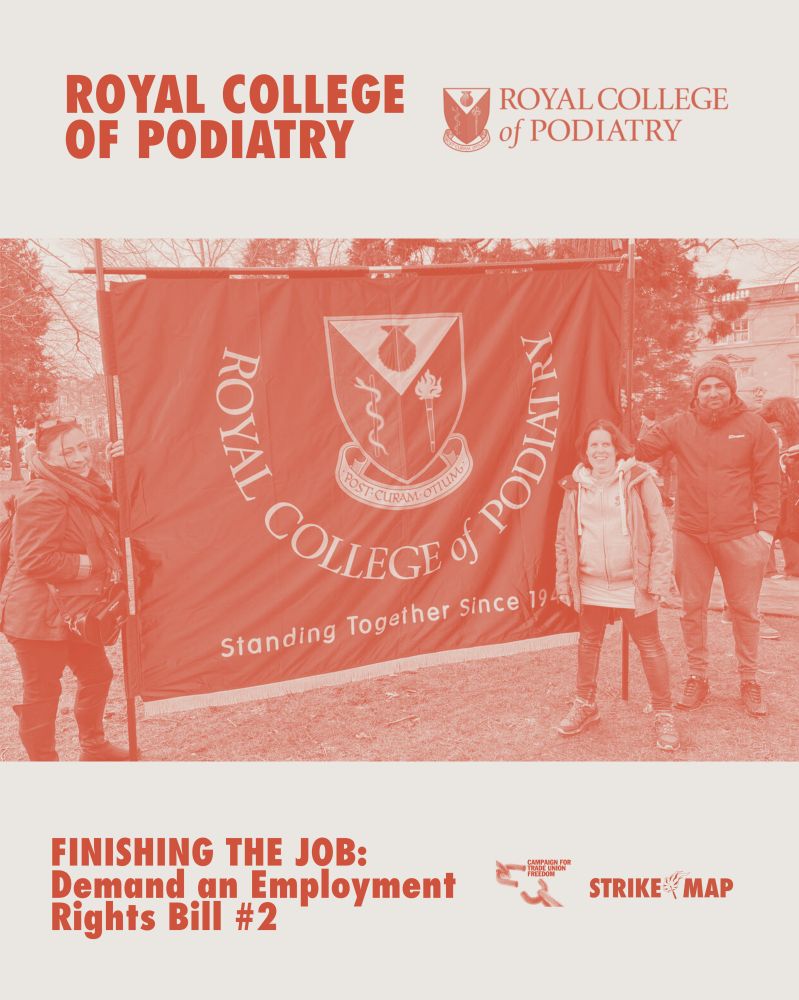 Banner for the Royal College of Podiatry at an employment rights event, with two individuals standing in front.