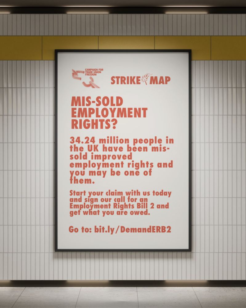 Promotional poster for StrikeMap displayed in a public setting, discussing mis-sold employment rights in the UK and encouraging people to check and claim their employment rights. Includes a web link for further information.