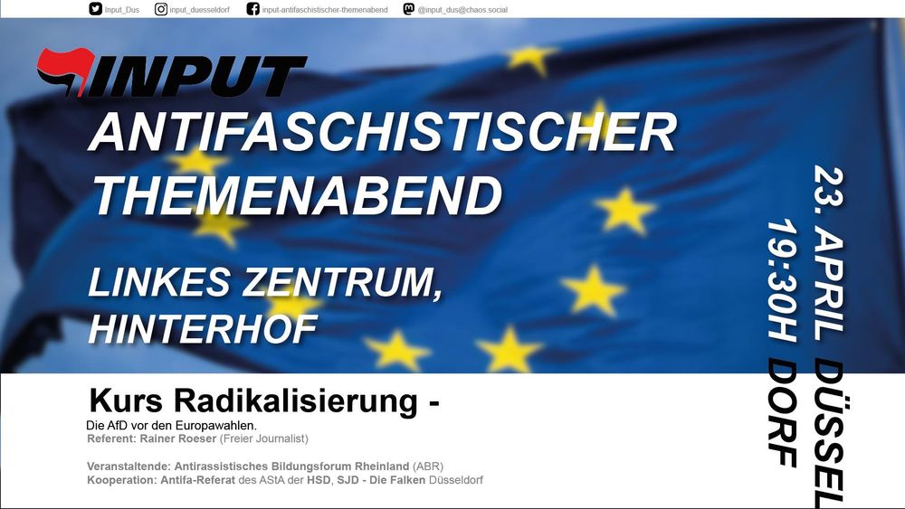 Sharepic zum INPUT 04/2024.
Im Hintergrund verschwommen eine Europaflagge.
Im Vordergrund die Angaben zur Veranstaltung wie im Text.