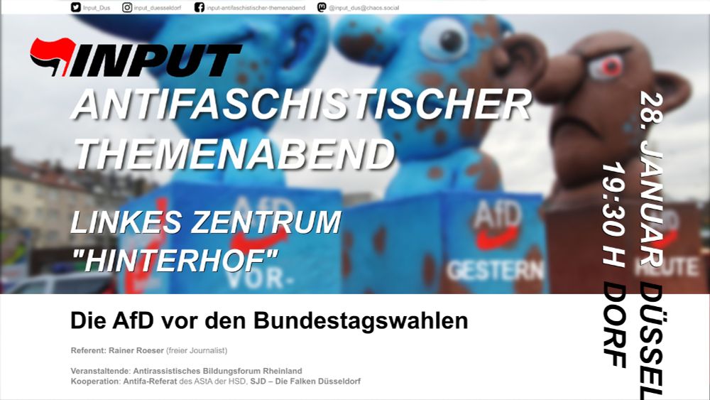 Sharepic INPUT 01/2025:
Im Hintergrund Karnevalswagen mit drei AfD-Köpfen. Im Vordergrund die Angaben zur Veranstaltung wie im tweet.