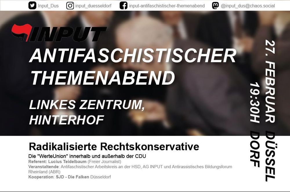 Sharepic zum INPUT 02/2024.
Im Hintergrund verschwommen ältere, weißhaarige Männer in Anzügen.
Im Vordergrund die Angaben zur Veranstaltung wie im tweet.