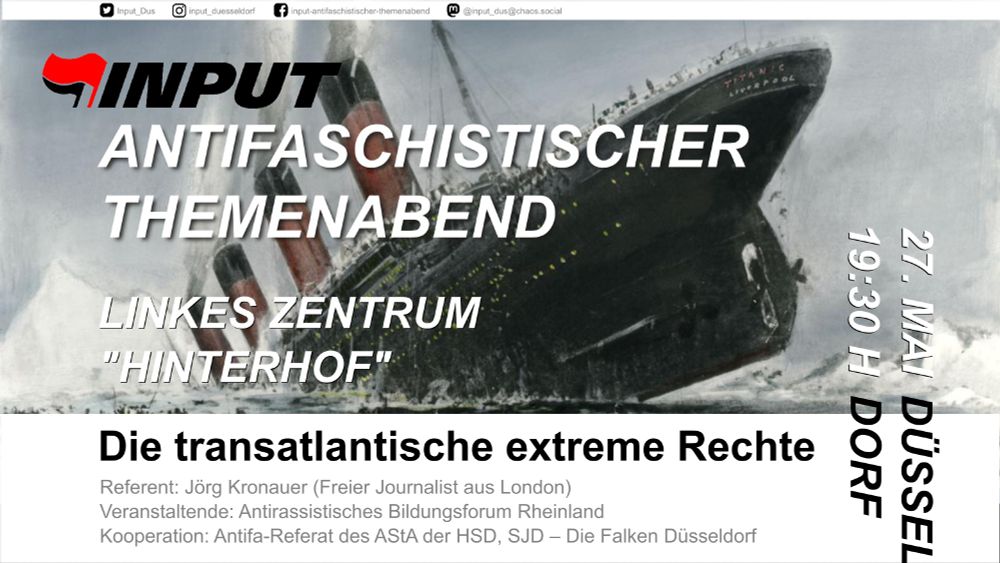 Im Hintergrund die sinkende Titanic auf ihrer Tansatlantik-Jungfernfahrt von Southampton, UK, nach New York City, US, im Jahr 1912. It. Im Vordergrund die Angaben zur Veranstaltung wie im tweet.