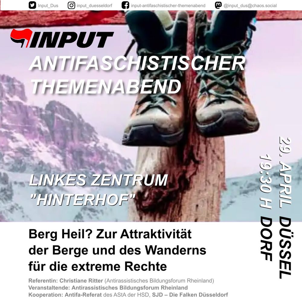 Im Hintergrund Berge und Wanderschuhe (vom Cover der aktuellen Lotta-Ausgabe). Im Vordergrund die Angaben zur Veranstaltung wie im tweet.