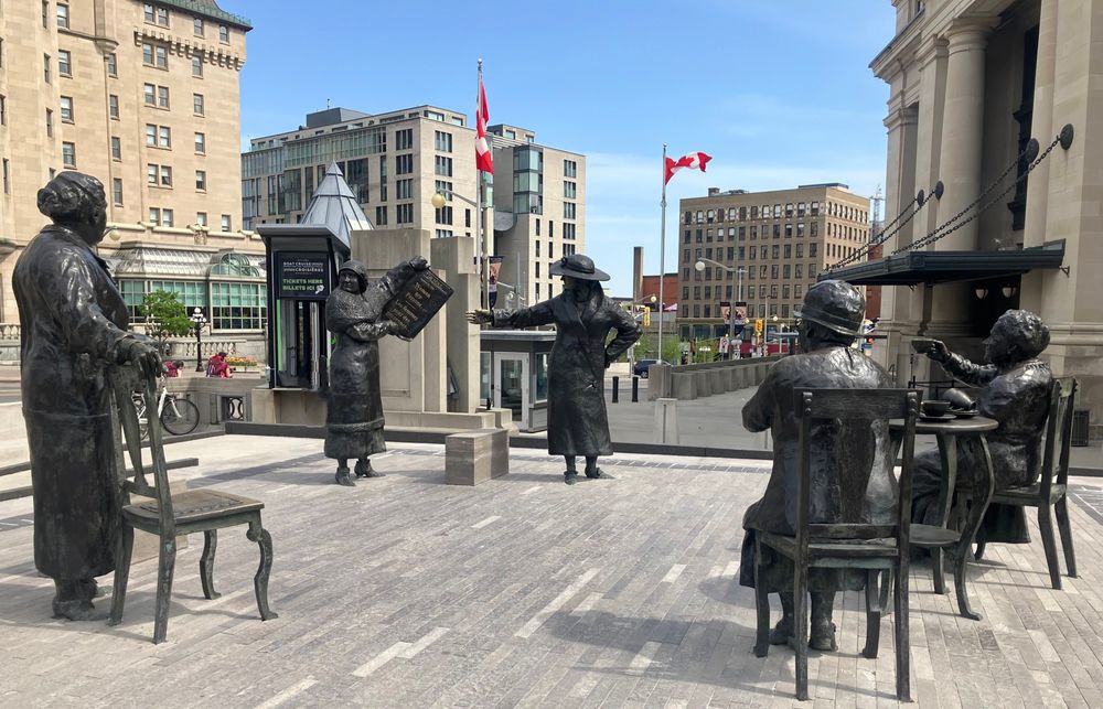 Ottawa. It celebrates the Famous Five: Irene Parlby, Louise McKinney, Nellie McClung, Emily Murphy and Henrietta Muir Edwards, all from Alberta