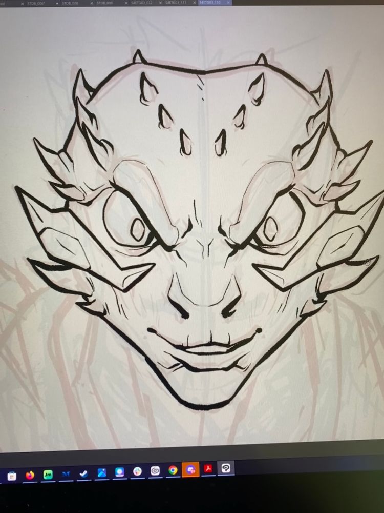 Close up panel crop of a lizard man with just so many horns. Inspired by the bearded dragon