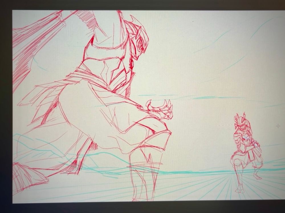 Work in progress. On the left side foreground close to the viewer but facing away towards the background we see an armored warrior in a dynamic pose ready to strike with a massive pole weapon. The armor is samurai inspired but patterned after Ultraman Belial. In the background on the right is an armored warrior ready to draw his sword. His armored is patterned after Ultraman Zero