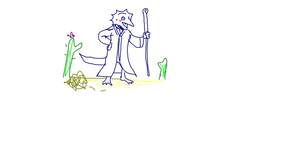 Utlath drawn by Traulisms, a happy dragonborn druid holding a staff in a desert with kermit the frog hand shaped cacti.