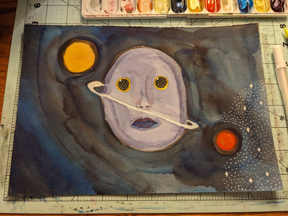 dry-ish watercolor painting of two planets orbiting a bald space lady's head in the void of space. there is a small cluster of stars in the lower right corner. this is a work in progress