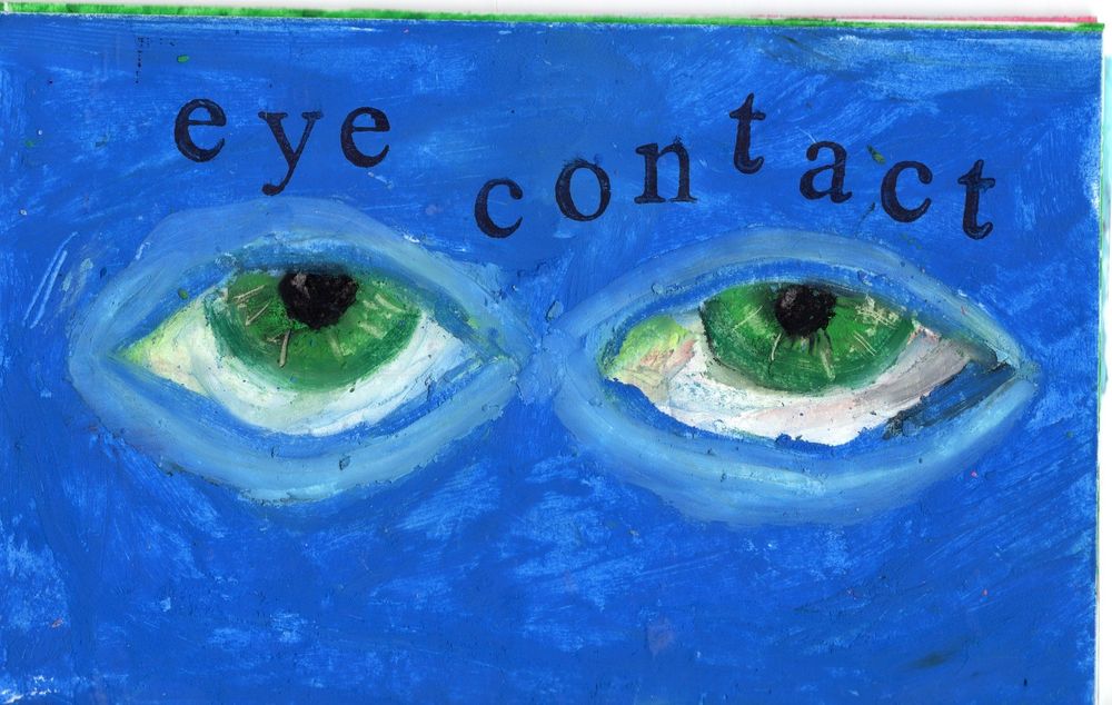 green eyes over a blue background, with stamped text reading "eye contact"