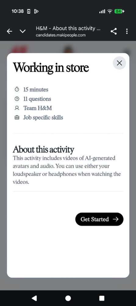 H&M's application you have to fill out to get a job. "this activity includes videos of AI-generated avatars and audio."
