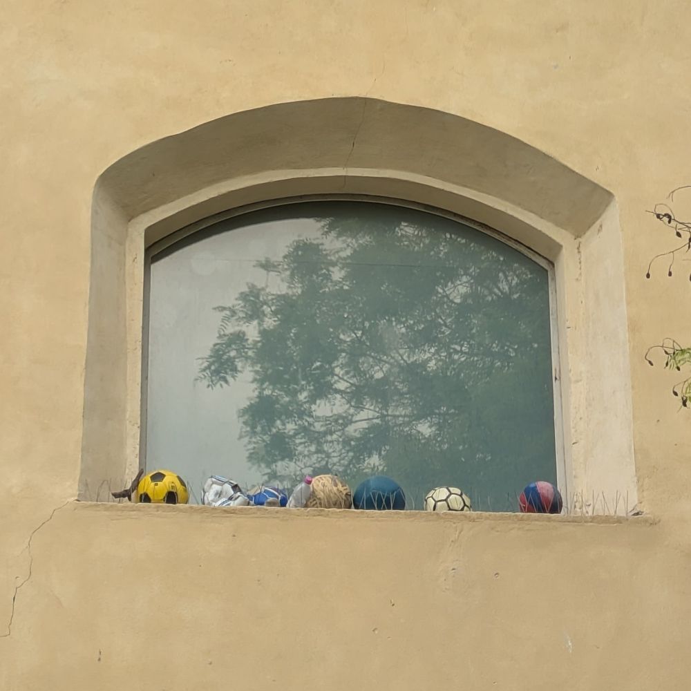 High window in a church building in Parma, the bird spikes capturing any ball that comes too close
