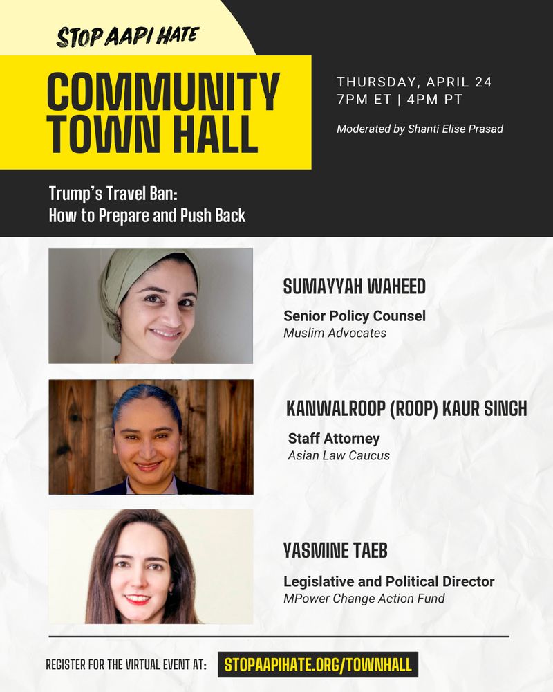 Graphic with three headshots, promoting Stop AAPI Hate's April Community Town Hall. Link to register for the event is stopaapihate.org/townhall