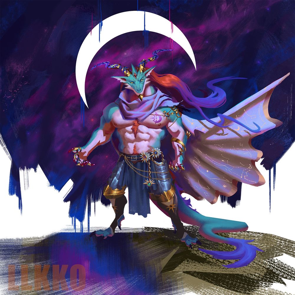 a dragon wearing gold claws standing with a cape flowing showing different constellations, with his hair colored with the colors of the night starry sky, gold adornments on his left arm, with a moon sun tattoo on his pectoral, and armor with leather on the legs