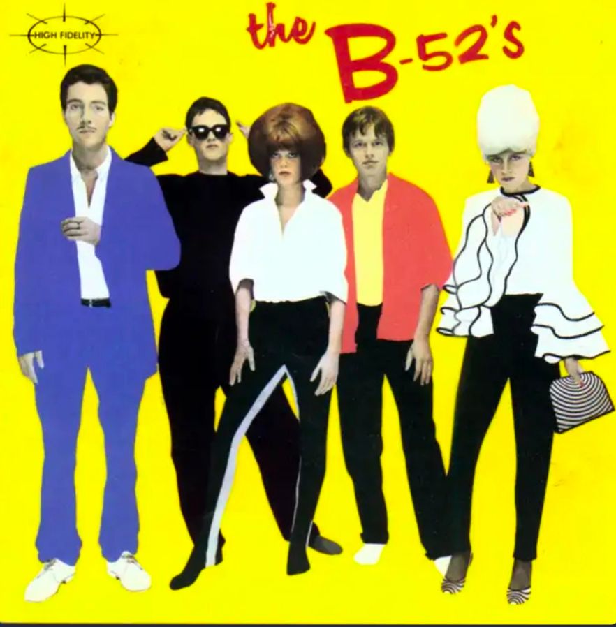 The iconic cover of the B-52s eponymous album in bright yellow with a pic of the band.