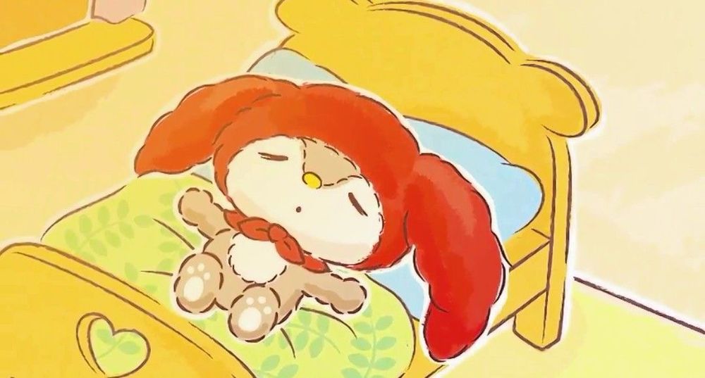 a drawing of little forest fellow laying down in bed with its eyes closed!