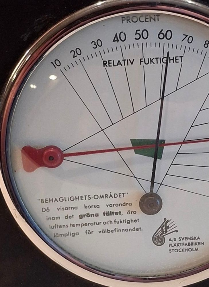 En analog termometer/hygrometer-kombination med korslagda visare och en grön fyrhörning i mitten. Text: ”BEHAGLIGHETS-OMRÅDET
Då visarna korsa varandra inom det gröna fältet, äro luftens temperatur och fuktighet lämpliga för välbefinnandet”