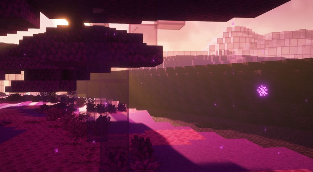 Minecraft.a  Forest of purple translucent trees. Purple particles fill the air.