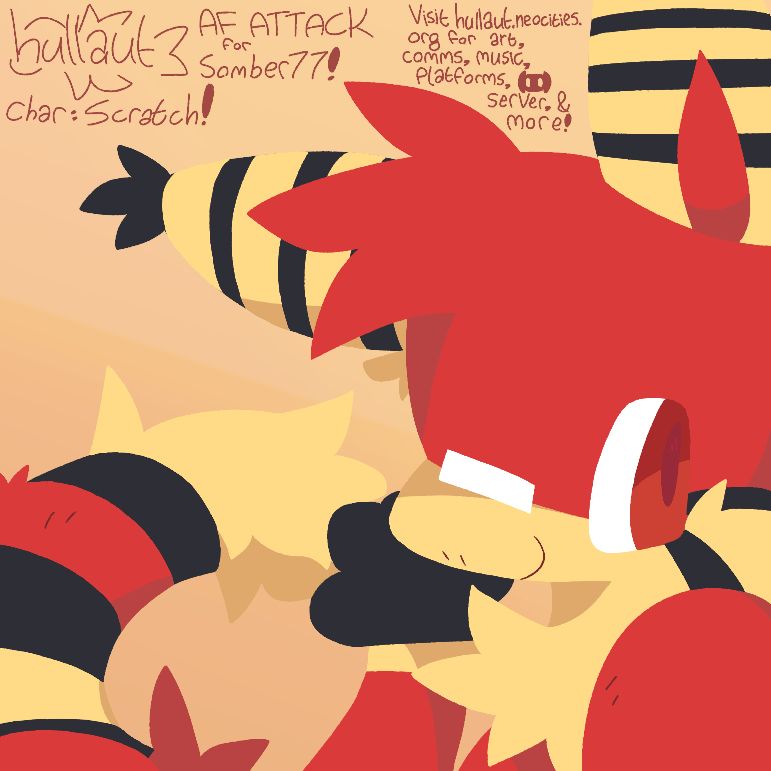 milk snake / cat creature with red and yellow fur looks at viewer smilingly with face leaned on hand, tail in background and simple background, with signature/credits saying;
"AF ATTACK for Somber77! char : Scratch! Visit hullaut.neocities.org for art, comms, music, platforms, (discord) server, & more!"