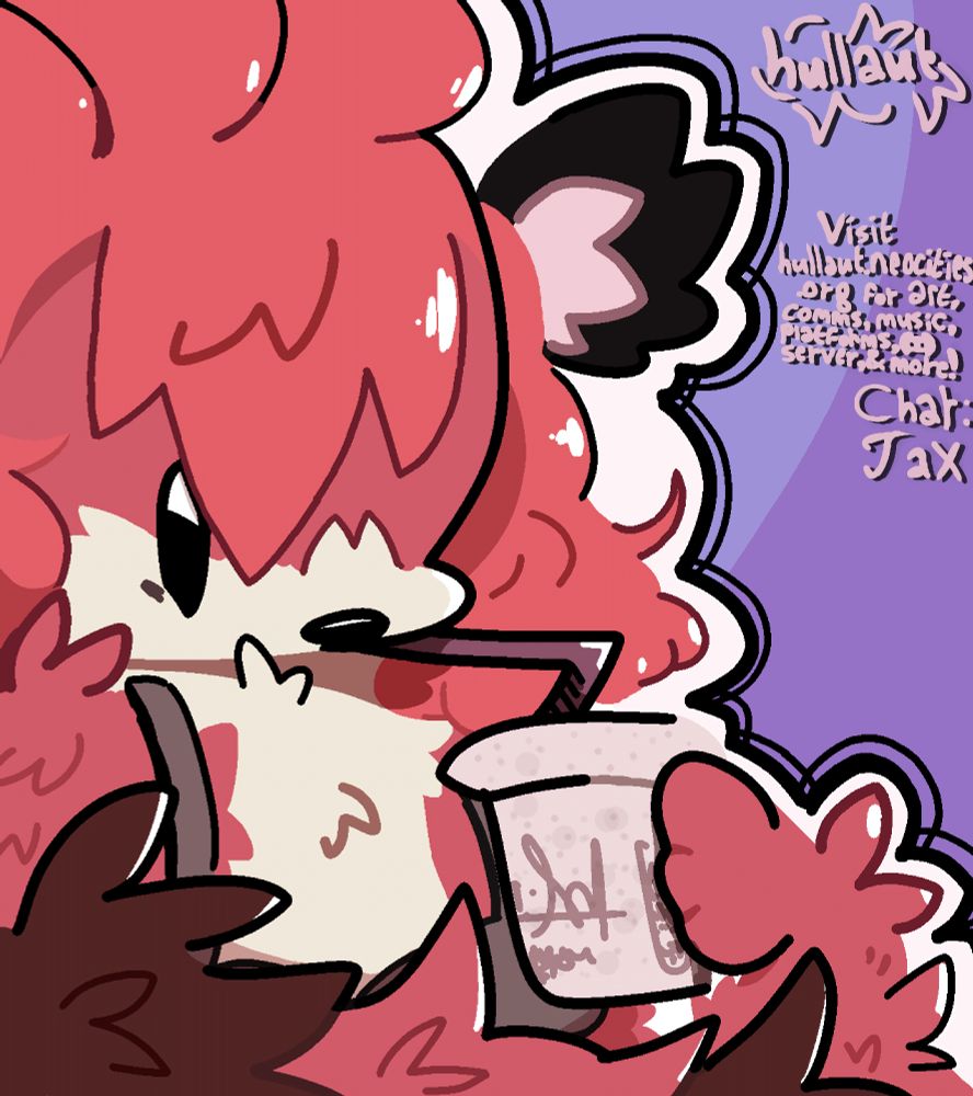 anthro red panda character with red/orange hair holding and sipping from a styrofoam cup (akin to one you'd see in a resturaunt). the character is jax. she is very fluffy. this is important information