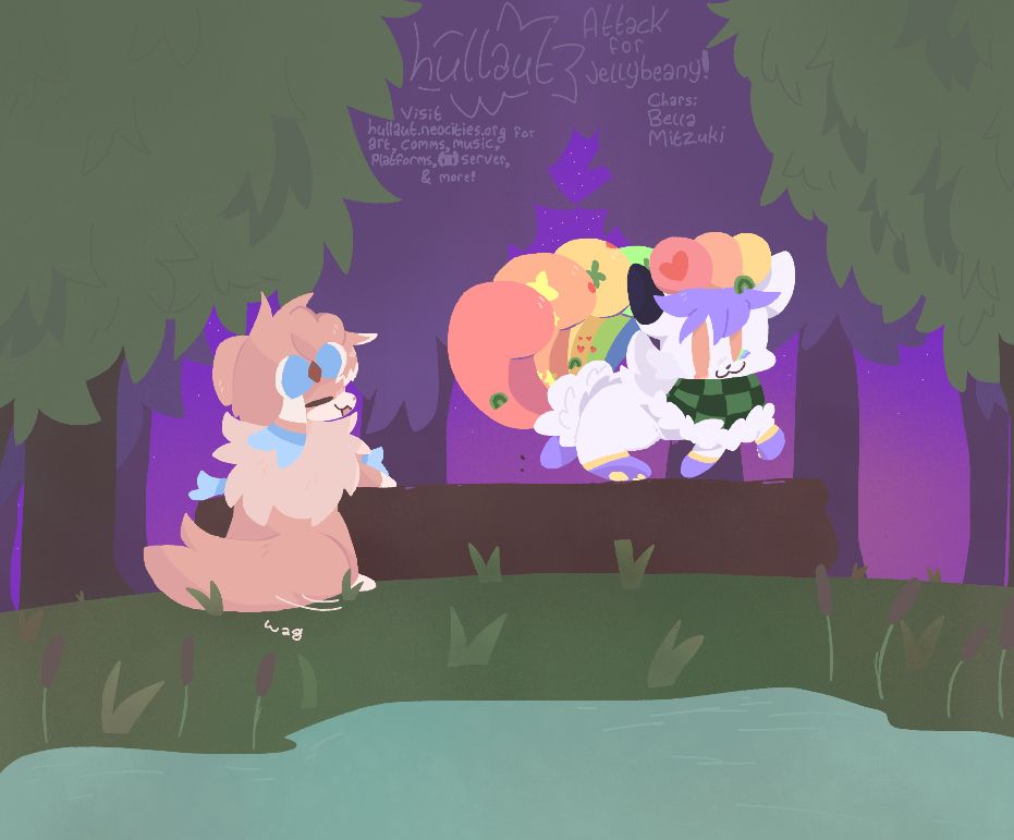 scene in a foresty area at dusk, with a pond in view surrounded by cattails and grass, with fluffy trees in the background. in the foreground you can see Belle (left) & Mitzuki (right) playing around!

top middle text says; (hullaut signature) Attack for Jellybeany!; Chars: Belle - Mitzuki; Visit hullaut.neocities.org for art, comms, music, platforms, (Discord) server, & more!