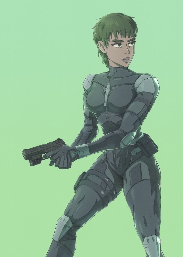 Woman with pistol, dressed in tactical suit ala Metal Gear Solid. 