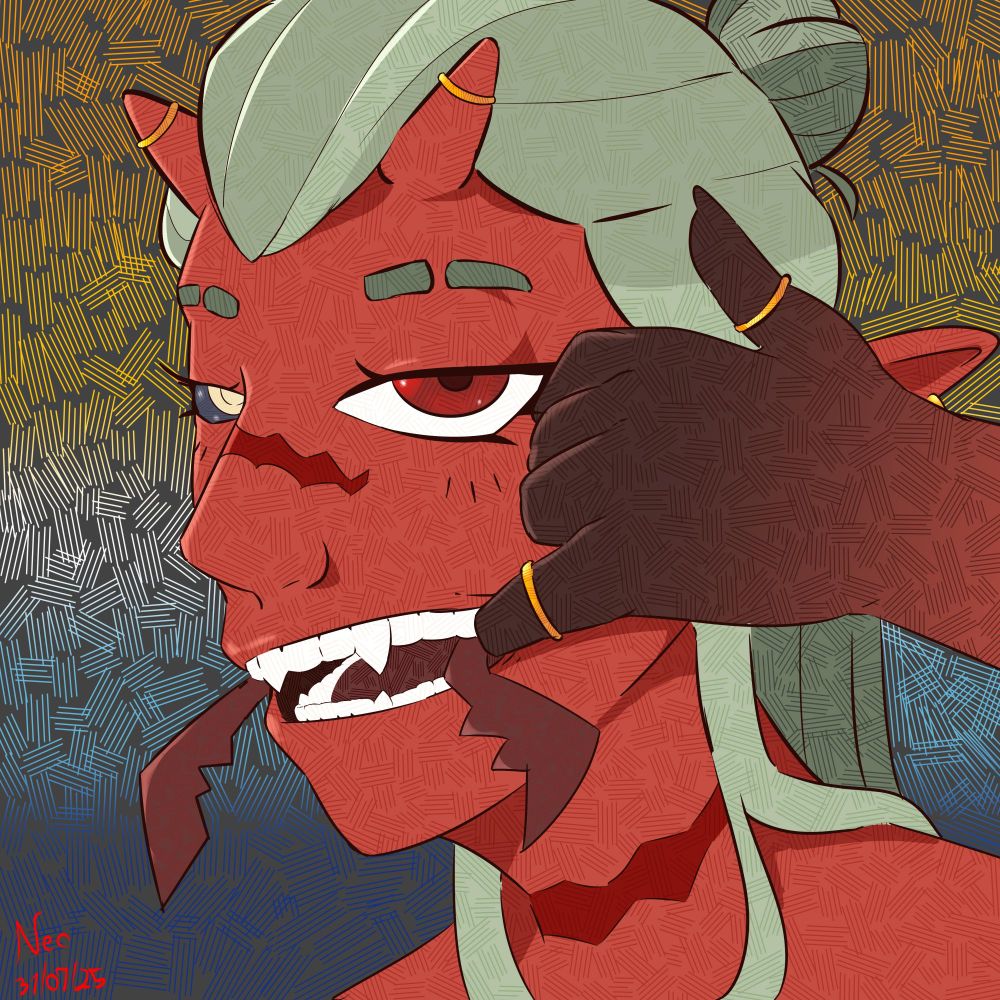 Bust shot of Voice "Vox" Grimm. The character has red skin, that gets darker towards his extremities, green long hair with small messy bun, one red eye and one black and white eye, two small horns, two bug mandibles coming out of his cheeks and 2 visible scars, one in the middle of the nose and one in the base of the neck. He's showcasing his teeth by pulling the left corner of his mouth with his pink. He's wearing golden rings on his horns and his pinky and thumb 