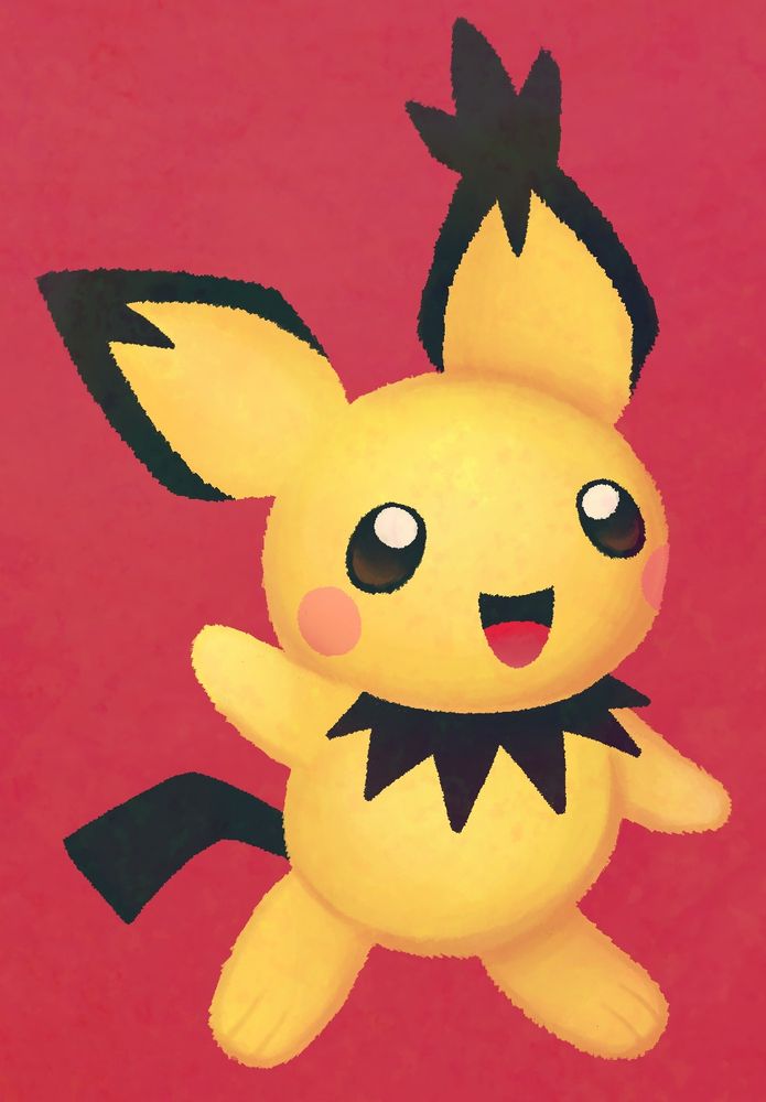 A rendered drawinf of a Spiky Eared Pichu from Pokemon: Heart Gold/Soul Silver on a red background.