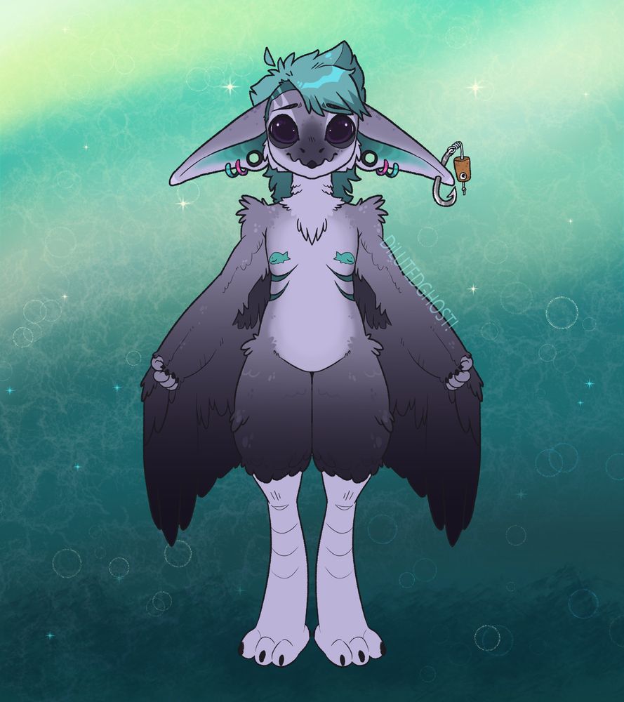 Character art of my fursona, Cork, an shark crow. He's got crow feet and wings under his arms, a shark face with elongated ears that both have earrings and plugs. A fishhook with a cork attached to the end of it sticks through the tip of his left ear. He's got gills along his ribs. Overall colour scheme is shades of grey, black, and teal.
