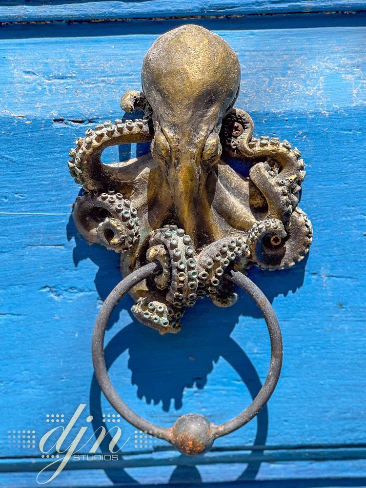 An antique brass door knocker, set against a blue painted door. The knocker is in the shape of an octopus, it has extremely detailed tentacles wrapped around a metal ring to be used as the knocker. The brass has a slight patina, and spider webs hand on the tentacles. 