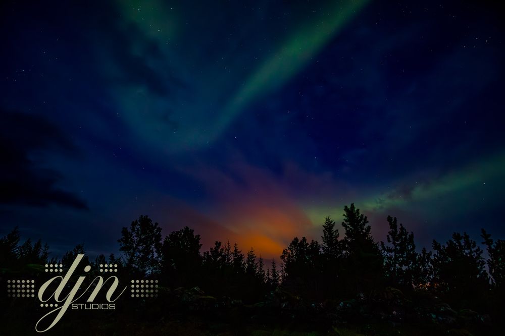 Vibrant aurora glow in the sky above Thingvellir national park in Iceland. The lightshow dances and glows against the calm foreground of rustling trees.