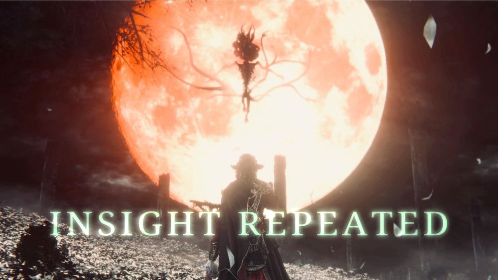 Moon Presence from Bloodborne descends from blood moon, caption reads "Insight Repeated"