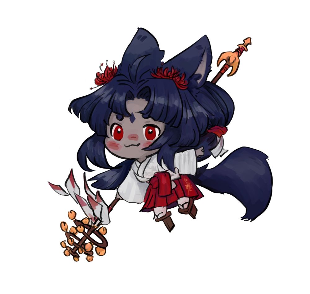 a colored sketch of a miqo'te in a miko's garb with spider lilies in her dark blue hair. She is chibi stylized as a little "dumpling."