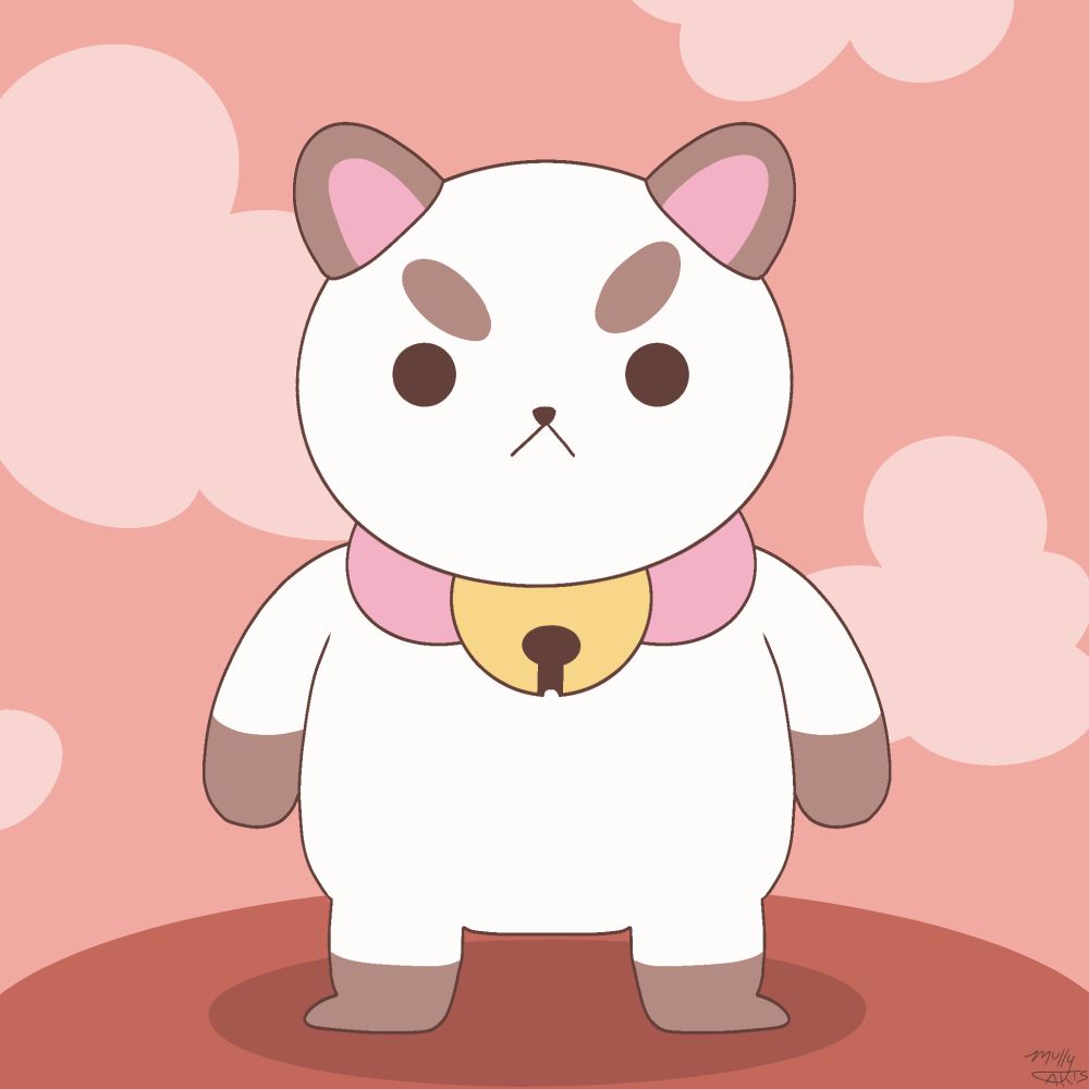 puppycat standing before a pinky sky background